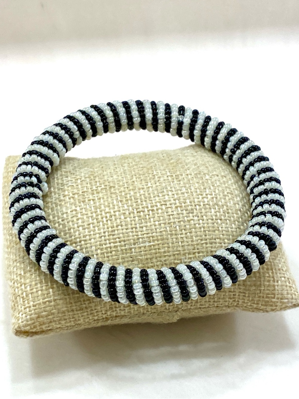 Black & White Striped Beaded Stretch Bracelet